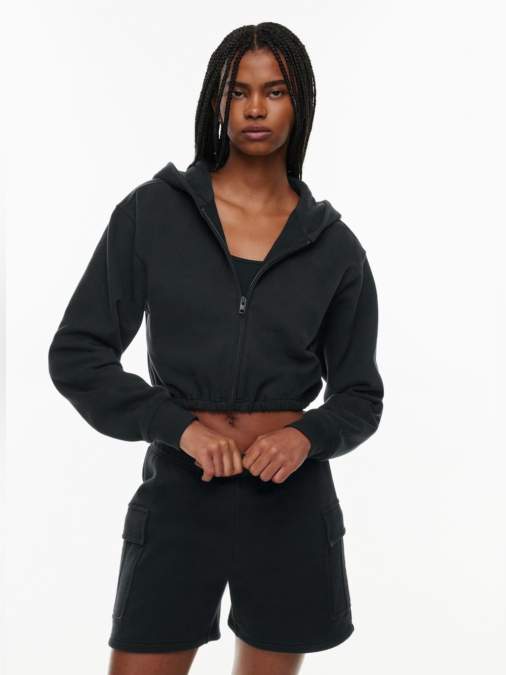 Aritzia TNA Terry Fleece Black Cinched Waist Cropped Zip Hoodie